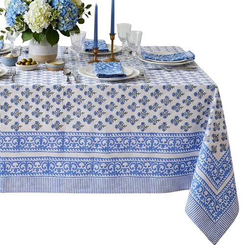 ATOSII Gulbahar Blue 100% Cotton Fall Rectangle Tablecloth 60x108 Inches, Hand Block Print, Washable, Perfect for Holidays & Events