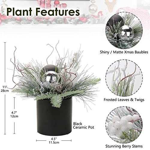 Briful 10 Inch Mini Artificial Christmas Tree with White Holly Pine Snowy Decor in Black Ceramic Pot