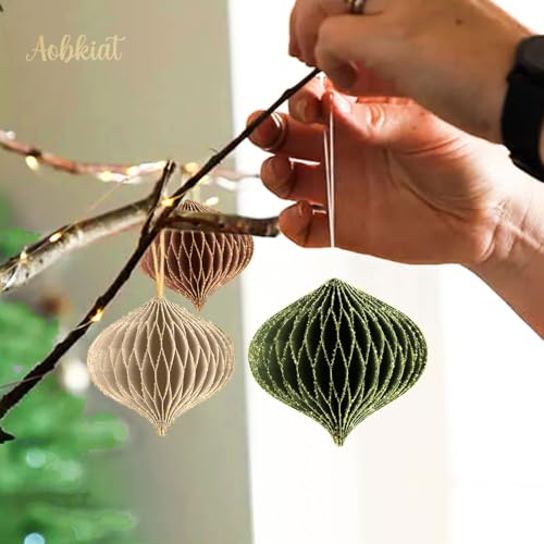 Olive Green & Reddish Brown Mini Paper Honeycomb Ornaments, 6-Pack Christmas Decorations