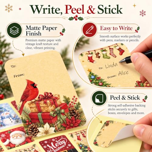 DreamBuilt 120 PCS Christmas Gift Tag Stickers with 12 Festive Designs - Holiday Labels for Wrapping & Crafts