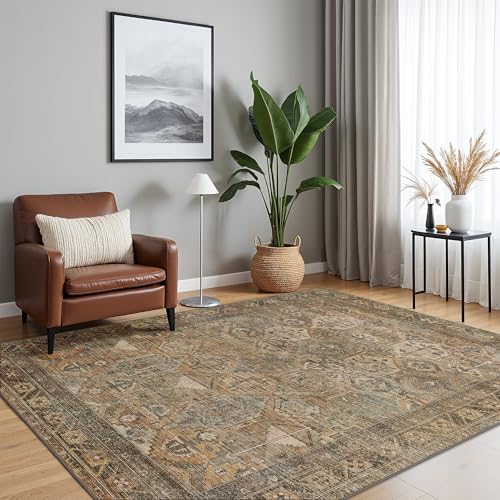 8x10 Taupe Washable Area Rug with Non-Slip Backing for Living Room & Bedroom - Bavni