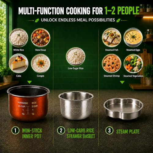 Mini Low Carb Rice Cooker 2-Cup Uncooked Multi-Functional Steamer