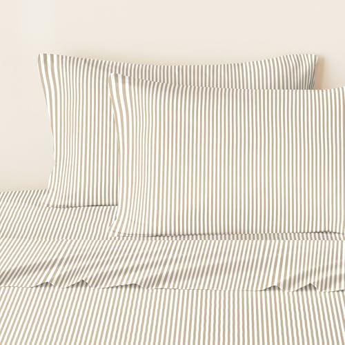 Wake In Cloud Queen Size Striped Bed Sheets Set - Light Brown & White Farmhouse Bedding