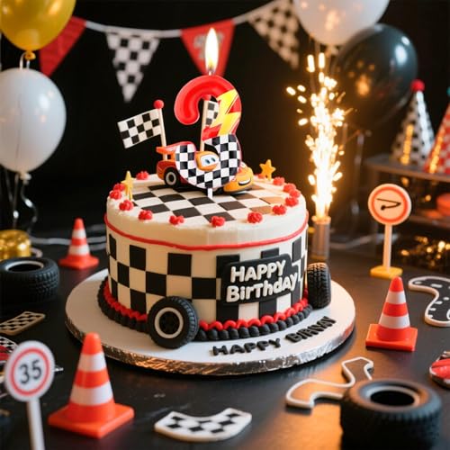 Red Racing 2 Birthday Candles,2nd Birthday Decorations for Boy Girl,Red Number 2 Candle for Cake,Hot Cartoon Anime Cars Cake Toppers for Racing Cars Themed Party Decorations Supplies