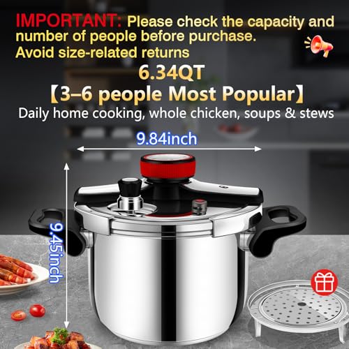 6.34 Quart Stainless Steel Pressure Cooker - Medium Size, Induction Compatible, Heavy Duty