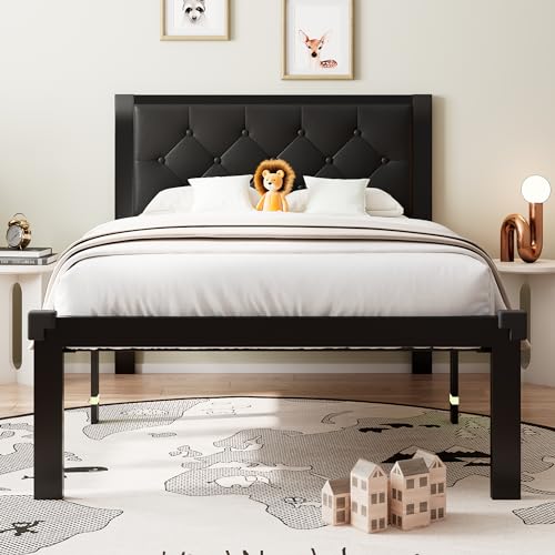 Einhomn Twin Metal Bed Frame with Faux Leather Headboard - Black, 12" Underbed Storage, No Box Spring Needed