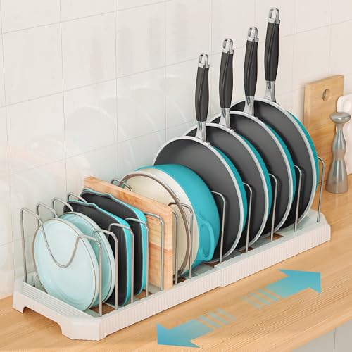 White Expandable Pan Organizer with 12 Adjustable Dividers - Inside Cabinet Storage