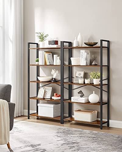 VASAGLE Rustic Brown & Ink Black 5-Tier Bookshelf - Without Back Panels, 11.8"D x 26"W, Industrial Style