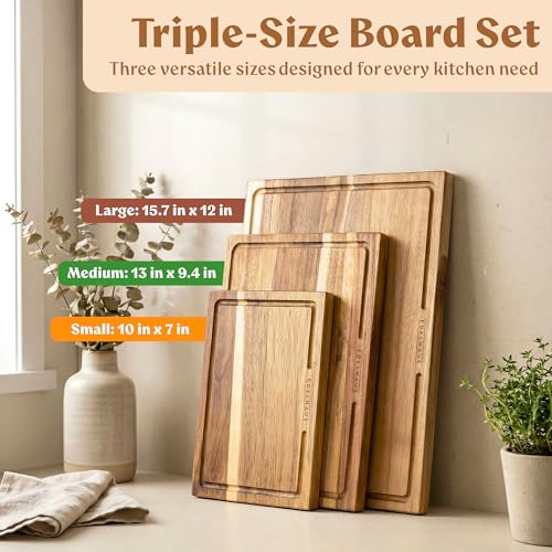EDELHAUS Acacia Wood Cutting Boards Set of 3 with Juice Groove & Non-Slip Feet — Single-Sided
