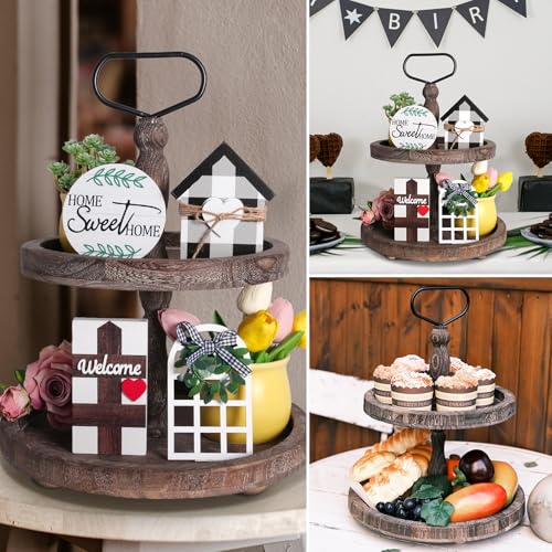 Rustic Wooden 2-Tier Tray Stand - Brown Coffee Farmhouse Kitchen & Home Decor