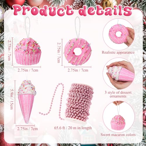 Gejoy Pink Donuts, Cupcakes & Ice Cream Decor Ornaments 19 Pcs – Xmas Foam Set (Pink Variation)