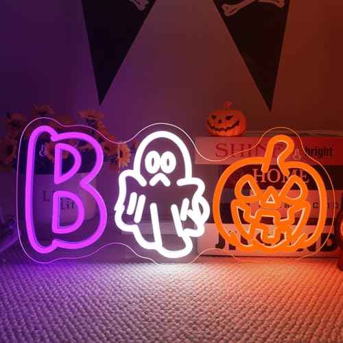 BOO Neon Sign, Halloween LED Wall Light with Ghost Pumpkin Neon Decoration for Halloween Party, Home, Bar