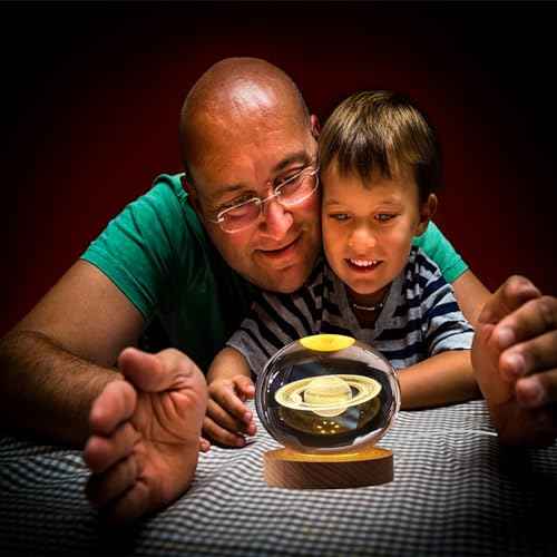 3D Saturn Crystal Ball Night Light with LED Stand, Saturn Planet Figurine Lamp Decoration Glass Sphere Paperweight Decorative Balls,Suitable as Night Lights Bedroom Decorations(3.15 in,80mm)