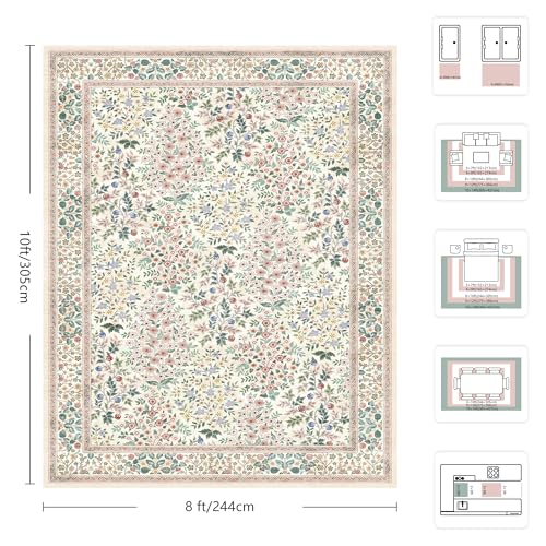 A-Pink Floral Area Rug 8x10 ft - Machine Washable Low Pile Boho Rug with Non-Slip Backing for Living Room & Bedroom