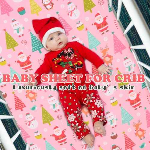 Cloele Christmas Crib Sheet Santa Fitted Sheet for Girls - Pink Animal Baby Nursery Sheet Cozy Bed Sheet for Standard Crib and Toddler Mattresses - Snowman Crib Mattress Infant Toddler Sheet