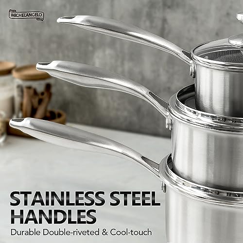Michelangelo Triply Stainless Steel Saucepan Set 1Qt 2Qt 3Qt Honeycomb Interior