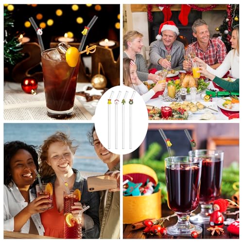 Loyzcy Christmas Glass Straws with Charms - 4 Pack, Reusable Holiday Drinkware