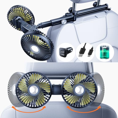 Nauttxon Rechargeable Car Fan for Backseat Kids - Yellow, 4.7-10.8" Retractable Long Arm, 3-Speed & 360° Adjustable