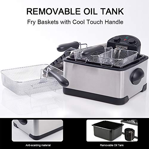 4.4 Quart Stainless Steel Deep Fryer with 3 Baskets, Timer, Odor Filter - Silver