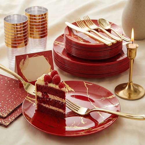 Disposable Dinnerware Set - 225 Pieces Red & Gold Plastic Plates for Hibachi & Asian-Themed Parties - Variation: Gold / 225PCS