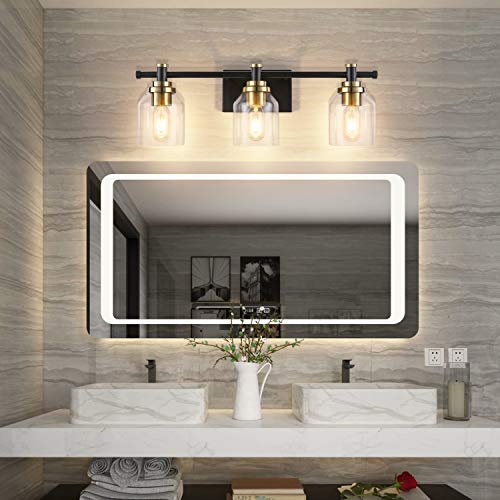 SOLFART Black and Brass 3-Light Bathroom Vanity Light Fixture Over Mirror Globe Style