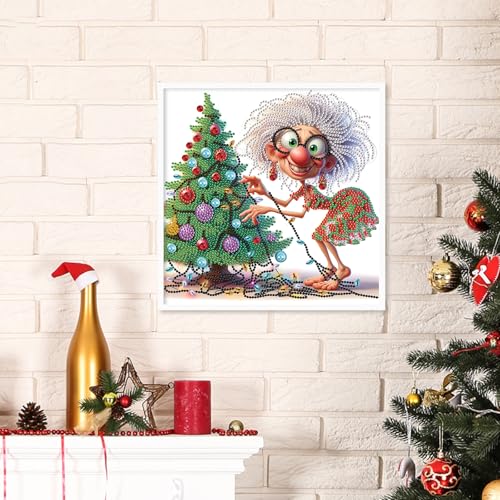 Grandma Christmas Tree 5D Diamond Art Kit for Beginners – 12x12 in Crystal Rhinestones
