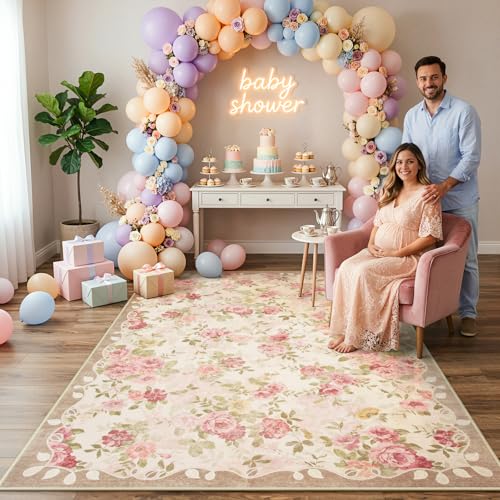 5x7 Pink Vintage Floral Washable Rug - Bedroom, Living Room, Kids Playroom