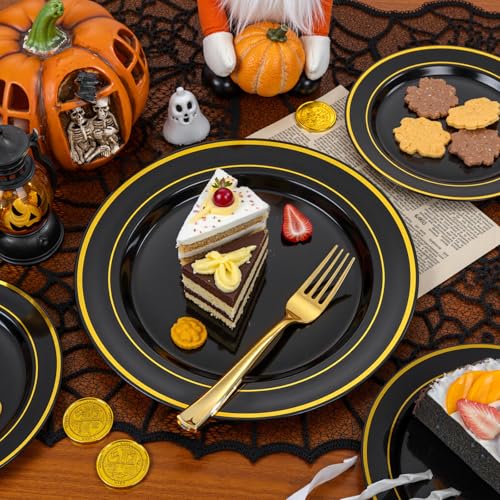 Black & Gold 200PCS Heavy Duty Plastic Plates - Disposable for Wedding, Party, Halloween (Black & Gold, 100 Dinner + 100 Dessert Plates) - WDF