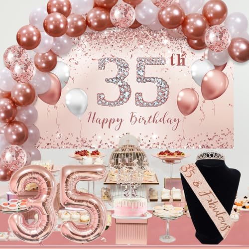 Trgowaul 21st Birthday Decorations for her, Rose Gold 21 Birthday Banner, Tablecloth, 21st Birthday Sash and Crown, 1PC 21st Cake Topper, Pink 21 Number Balloons Happy 21 Birthday Decorations Women