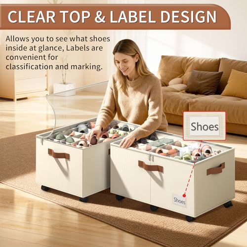 Foyego 2-Pack Beige Shoe Organizer for Closet with Wheels, 25.5 x 17 x 12.5 inches