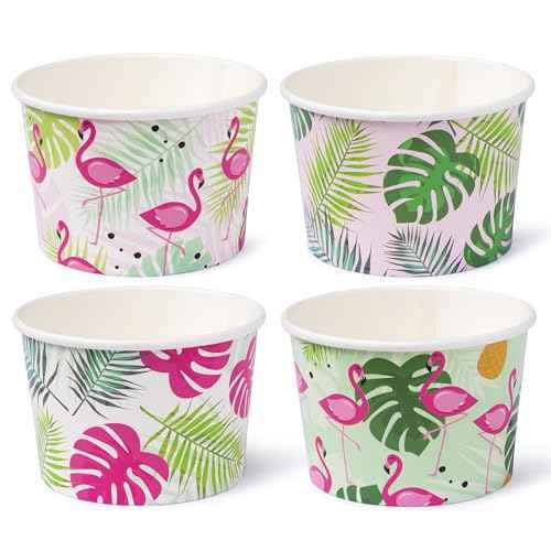 ROYAL BLUEBONNET Flamingo Snack Bowls ? 48 8oz Tropical Snack Cups, with 4 Different Pink & Green Flamingo Hawaiian Palm Leaf Paper Ice Cream Bowls for Luau, Hawaiian Party Decorations for Summer