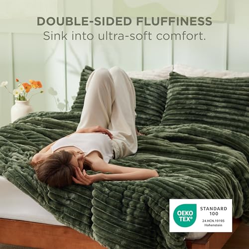 Bedsure Queen Fluffy Comforter Set 90x90 Inch Olive Green Cozy Bedding