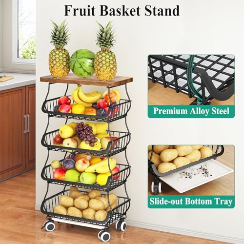 5-Tier Fruit and Vegetable Basket Stand with Wooden Top - Black, SAYZH
