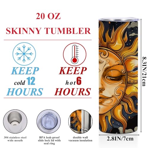 PQV Mystical Boho Moon Sun 20oz Tumbler - Stainless Steel Insulated Cup with Lid (Variation: Sun and Moom)