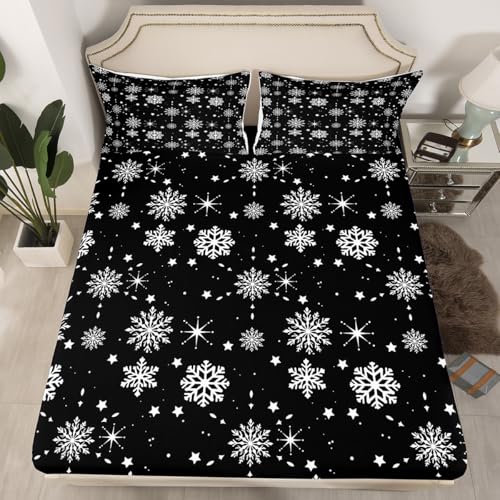 Erosebridal Christmas Bed Sheets Magical Snowflakes Sheet Set for Kids Girls Boys Black and White Bed Sheet Set Full Size Glitter Star Flat Sheet Deep Pocket Room Decor with 2 Pillow Cases, Black