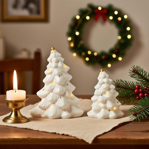WDS WONDROUS Ceramic Christmas Tree Set of 2 White & Gold 5.1x3.1x6.2in Holiday Decor