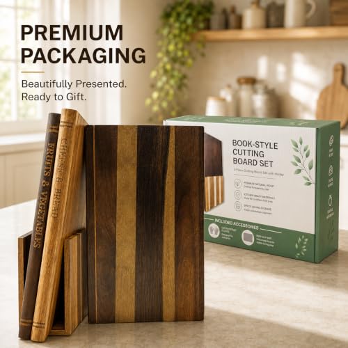 Book Cutting Board Set with Stand - Brown & Tan Kitchen Chopping Boards