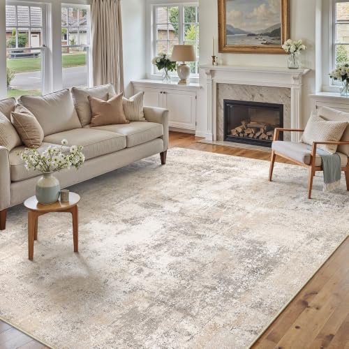 Beige Grey Abstract Area Rug 8x10 Low Pile Non-Slip Modern Home Decor