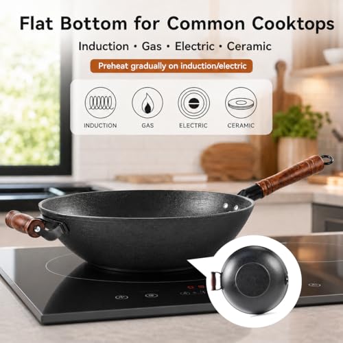 12.6 Inch Cast Iron Wok with Wooden Lid - Flat Bottom Chinese Stir Fry Pan