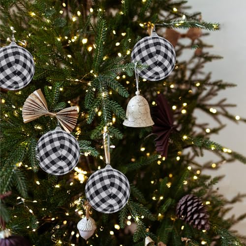Phedrew 24pcs Buffalo Plaid Christmas Ornaments 2.4" White/Black Hanging Xmas Balls