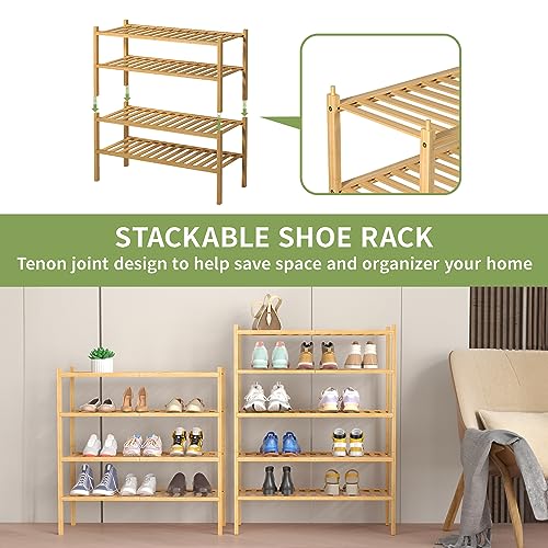 4-Tier Bamboo Shoe Rack for Entryway - Stackable Closet Organizer, Natural Finish