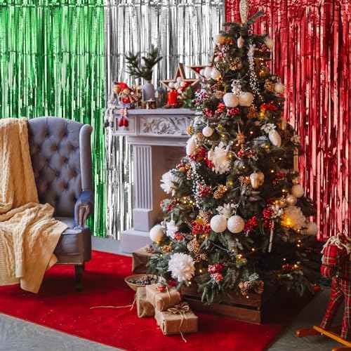 Kesote 3 Pack Green Red Silver Tinsel Foil Fringe Curtain Streamers for Christmas Holiday Party Decorations Photo Booth Props, 3.3Ft x 6.6Ft