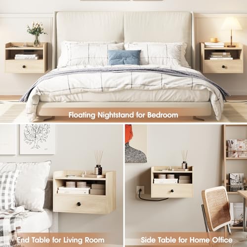HOSEOKA Natural Floating Nightstand Set of 2 with Drawer & USB Ports