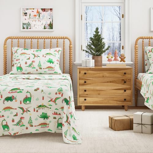 100% Cotton Christmas Flannel Sheet Set Twin, Dinosaur