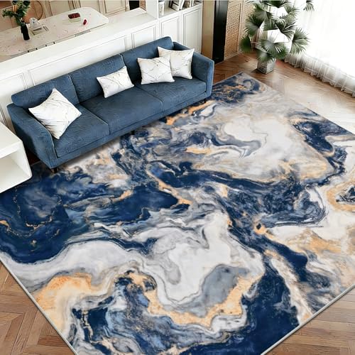 Yinhua Blue & Gold Marble Area Rug 6' x 9' Washable Living Room Bedroom Decor