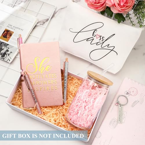 Pink Boss Appreciation Gift Set - 7Pcs for Female Leader, Includes Glass Cup, Makeup Bag, Notebook & Pens