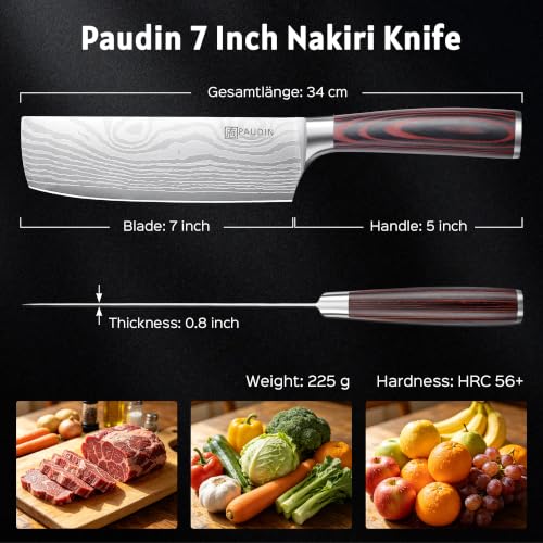 PAUDIN 7-Inch Nakiri Knife - Razor Sharp Vegetable & Meat Chef's Knife with Ergonomic Handle