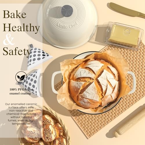 Enamelled Cast Iron Bread Oven 6 Qt Dutch Oven with Dome Lid & Cotton Potholders - Cream White
