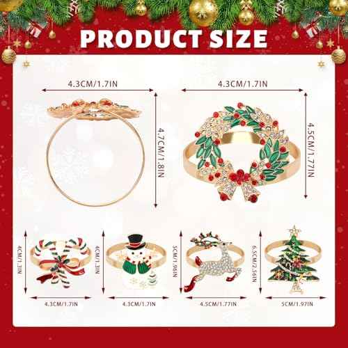 6 Pieces Christmas Napkin Rings Christmas Napkin Holders for Cloth Napkins Rhinestone Crystal Holiday Napkins for Dinners Parties Wedding Adornment Table Decorations
