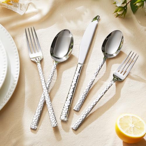 Silver Hammered Flatware Set for 12 - 60 Pieces Stainless Steel Cutlery